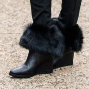 BNIB Black Long Hair Lamb Shearling and Leather Wedge Boots (9.5 US)